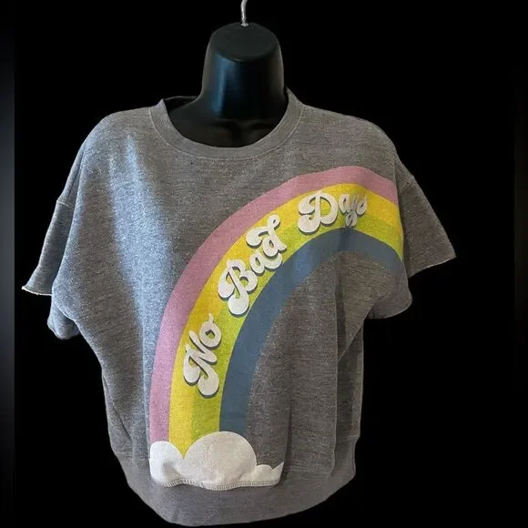 Wildfox No Bad Days fleece short sleeve oversized rainbow sweatshirt NWT size xs - Picture 1 of 9